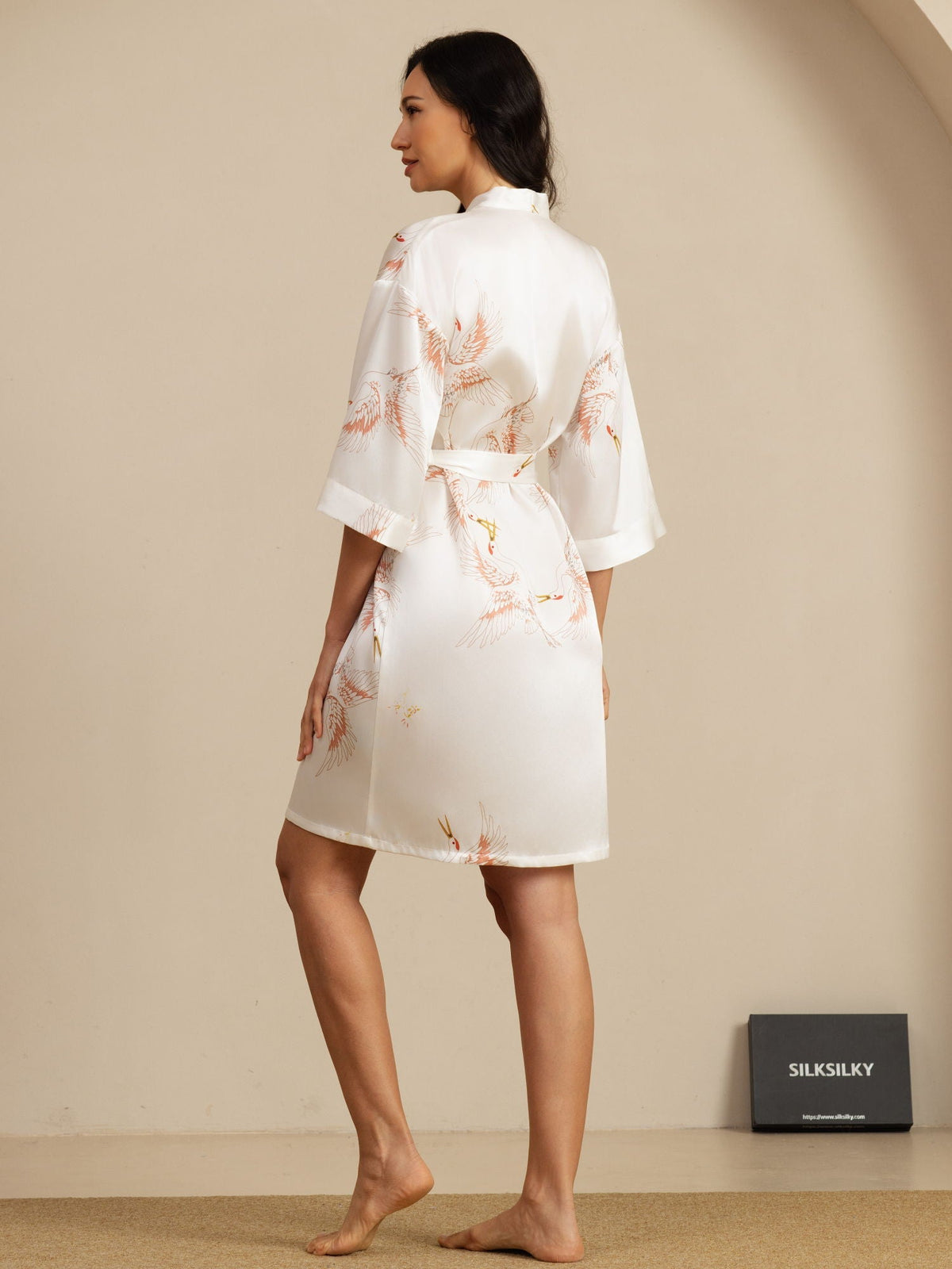 [Weiß] SilkSilky-DE 3/4 Sleeve Damen Morgenmantel 002