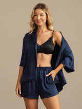 [Dunkelblau] SilkSilky-DE 19Momme Halblange Ärmel Notch-Kragen Damen Pyjamas 005