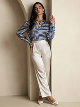 [Marine Streifen] SilkSilky-DE Long Sleeve Lapel Collar Damenhemd 009
