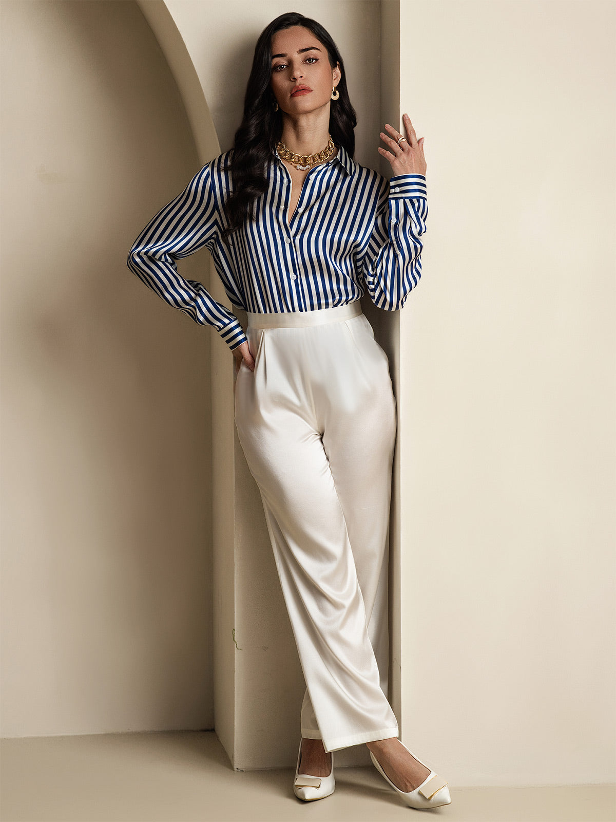 [Marine Streifen] SilkSilky-DE Seide Umlegekragen Damenhemd 009,