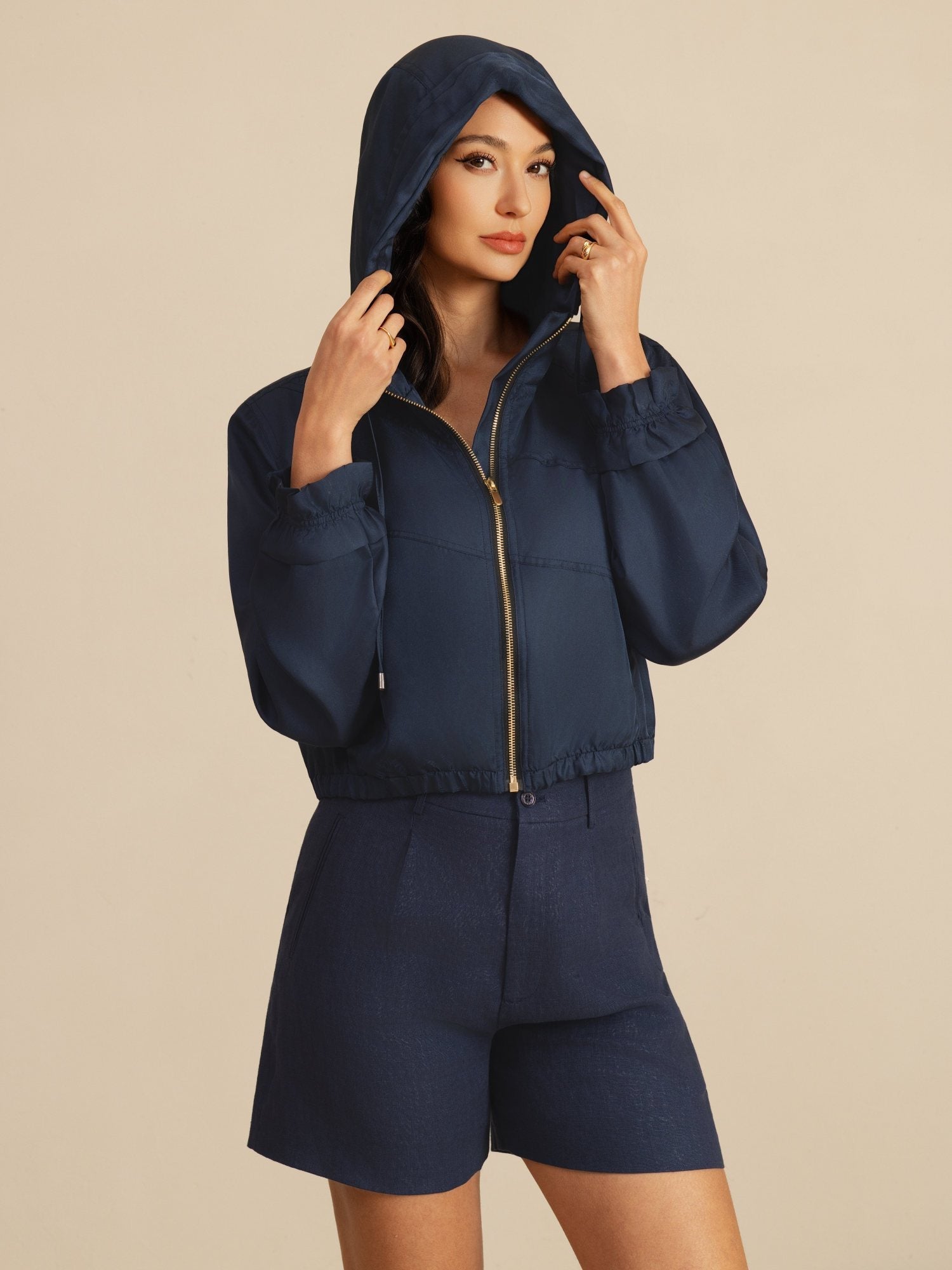 [Dunkelblau] SilkSilky-DE 18Momme Langärmelig Hoher Kragen Oberbekleidung 001