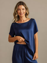[Dunkelblau] SilkSilky-DE 19Momme Kurzärmelig Damen Pyjamas 005