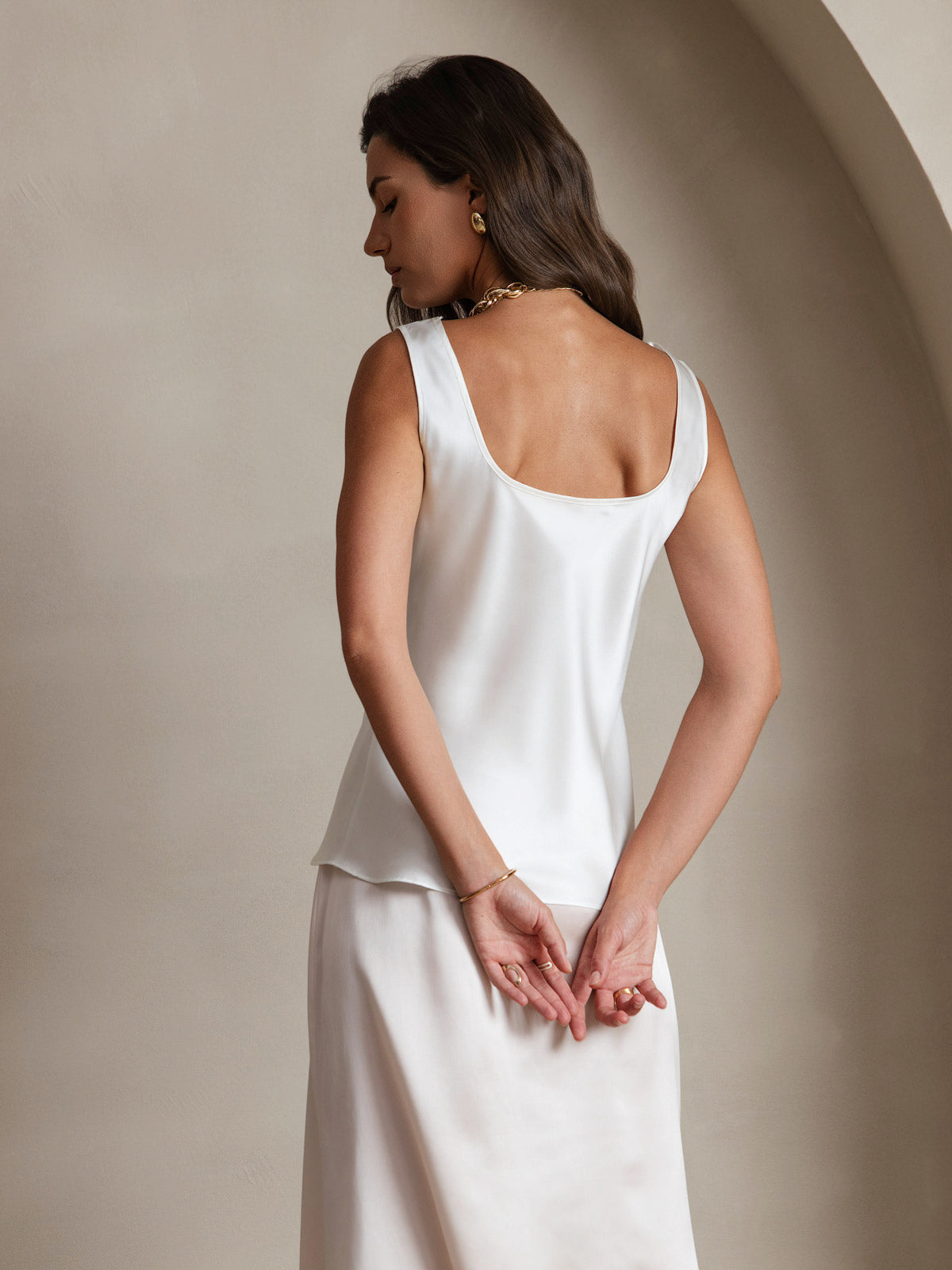 [Weiß] SilkSilky-DE 19Momme Seide U Ausschnitt Cami Top 002