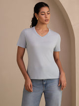[Graublau] SilkSilky-DE Short Sleeve V Neck T-Shirt 001
