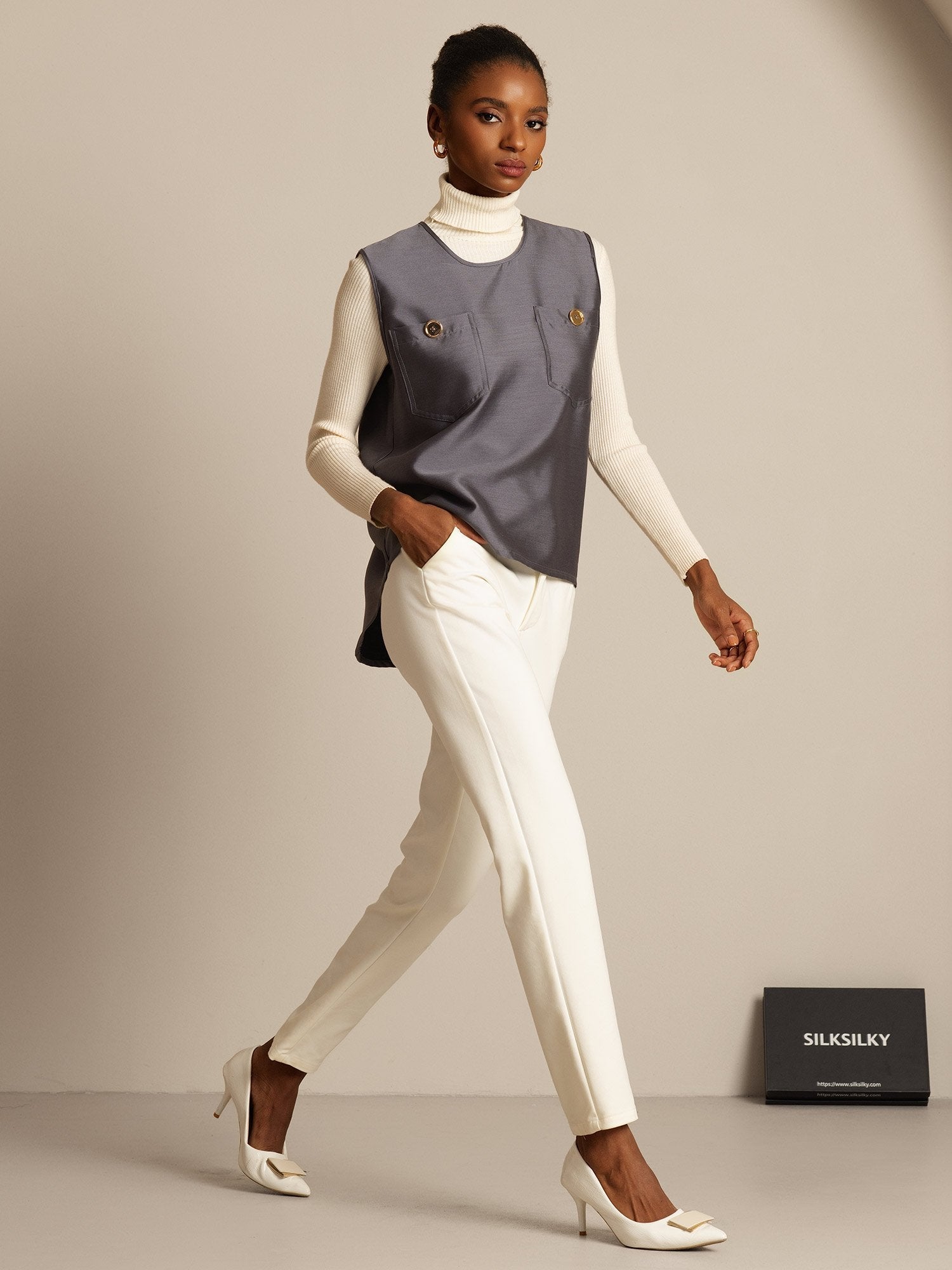 [Grau] SilkSilky-DE 32Momme Silk-Wool Blend Womens Vest 005,