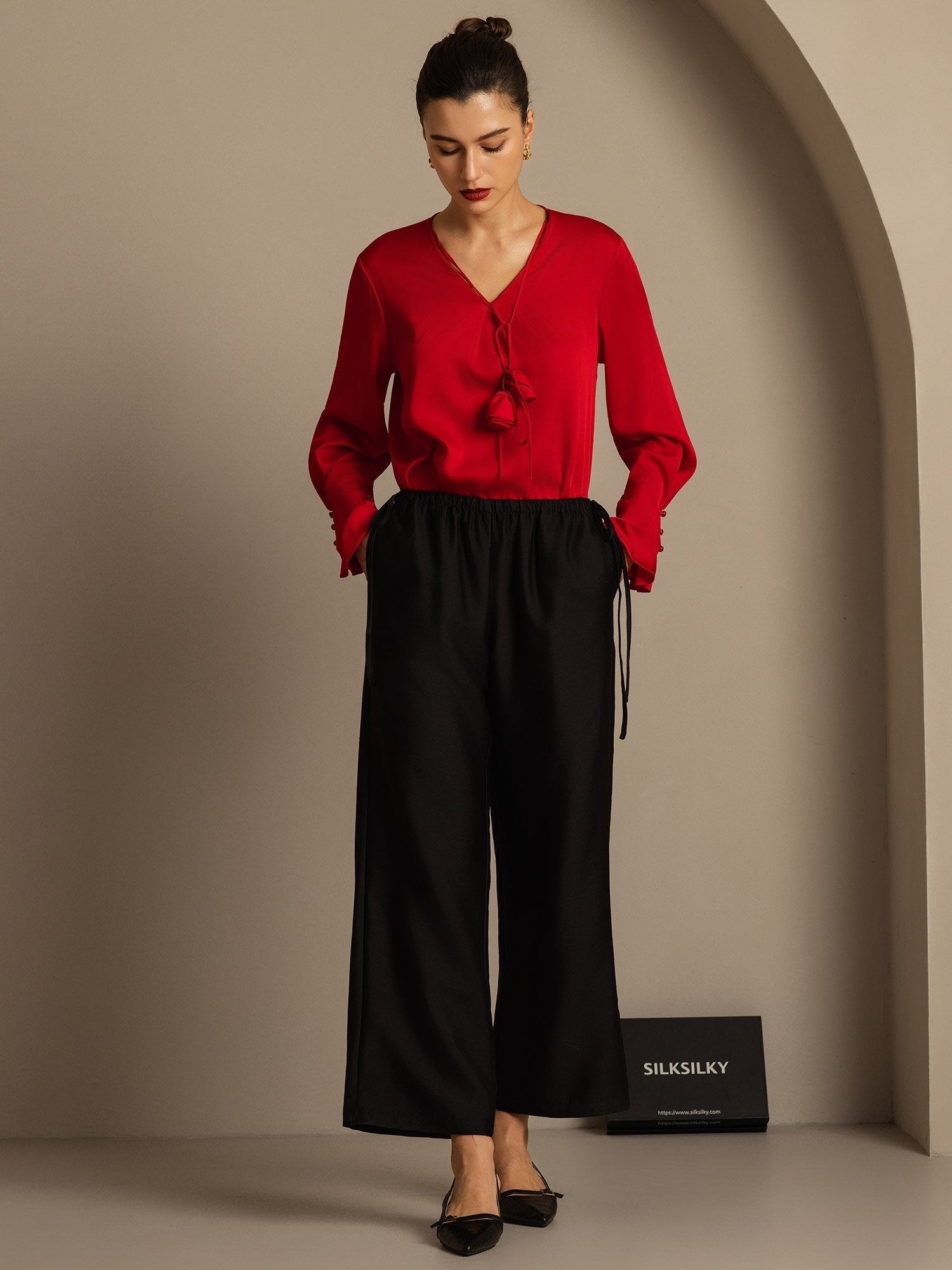 [Schwarz] SilkSilky-DE 32Momme Silk-Wool Blend Womens Pants 005,