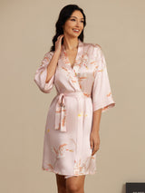 [Rosa] SilkSilky-DE 19Momme 3/4-lange Ärmel Damen Morgenmantel 006