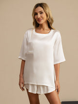 [Weiß] SilkSilky-DE Kurzärmelig Rundhalsausschnitt Damen Pyjamas 003
