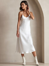 [Weiß] SilkSilky-DE Sleeveless V Neck Kleider 005