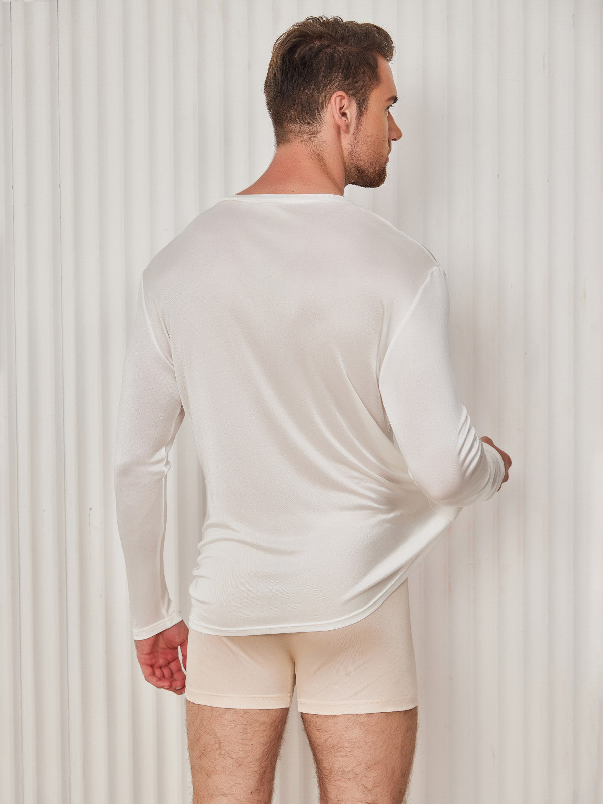 [Weiß] SilkSilky-DE Seidenstrick Langärmelig V Ausschnitt Herren T-Shirt 002