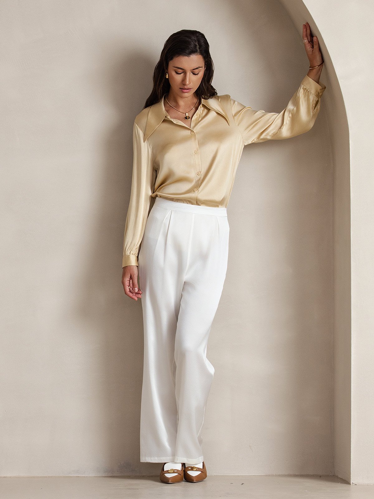 [Weiß] SilkSilky-DE 19Momme Seide Womens Pants 007