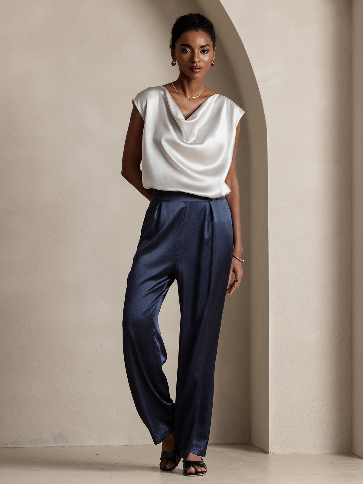 [Hellgrau] SilkSilky-DE 19Momme Seide Ärmellos Wasserfallausschnitt T-Shirt 004