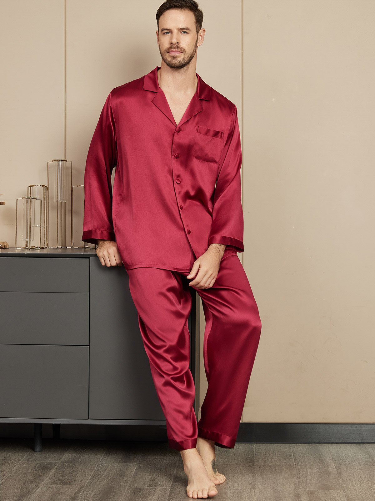 [Rotwein] SilkSilky-DE Reine Seide Mens Pajamas 005
