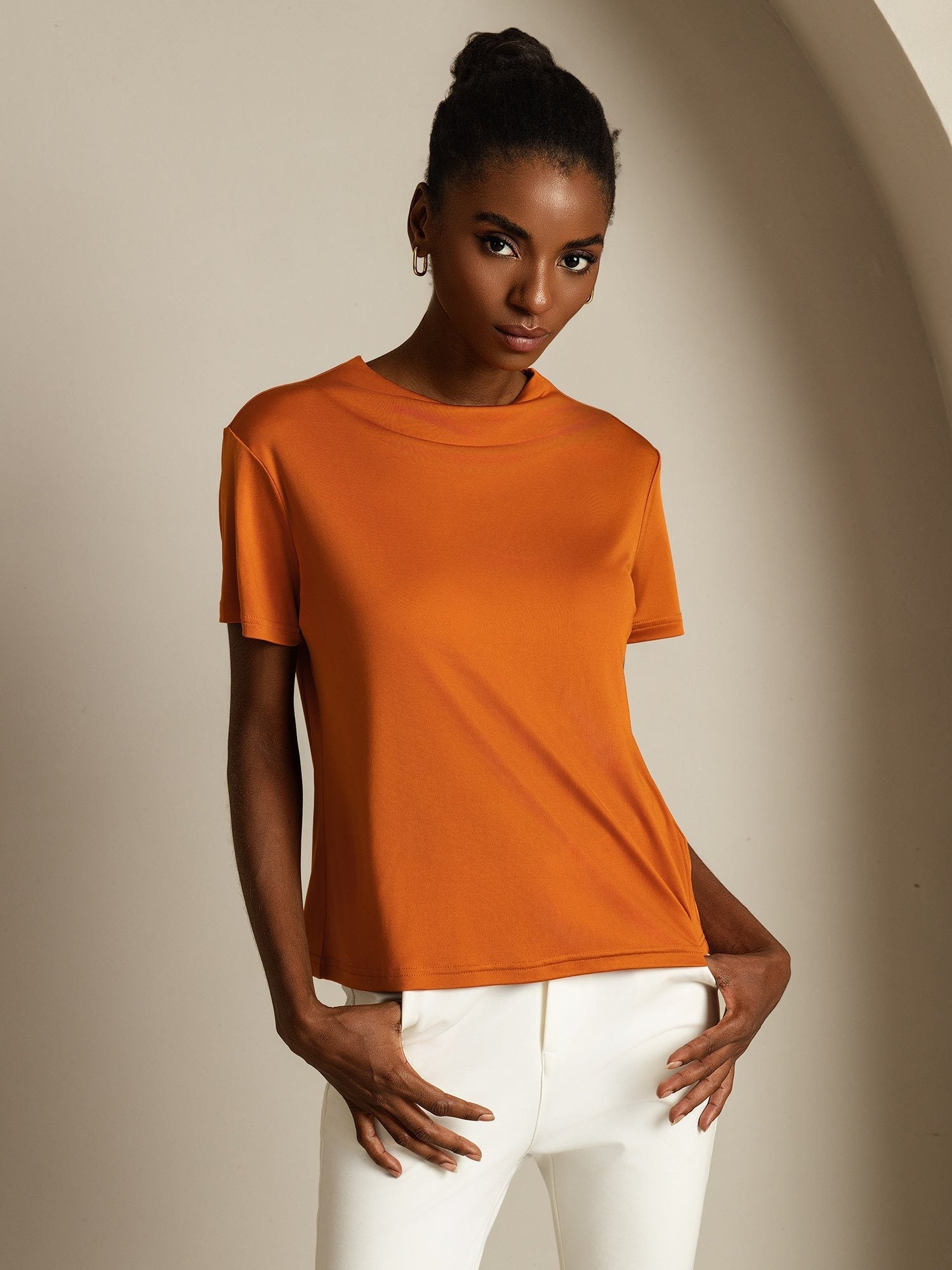 [Orange] SilkSilky-DE Reine Seide Umlegekragen T-Shirt 004