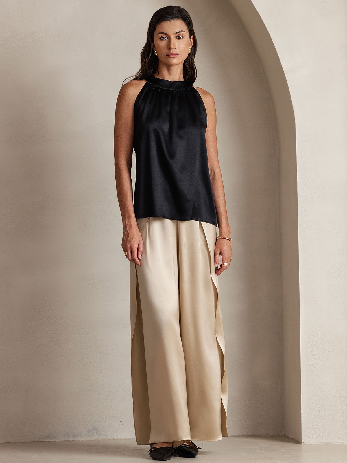 [Schwarz] SilkSilky-DE 19Momme Ärmellos Neckholder T-Shirt 001