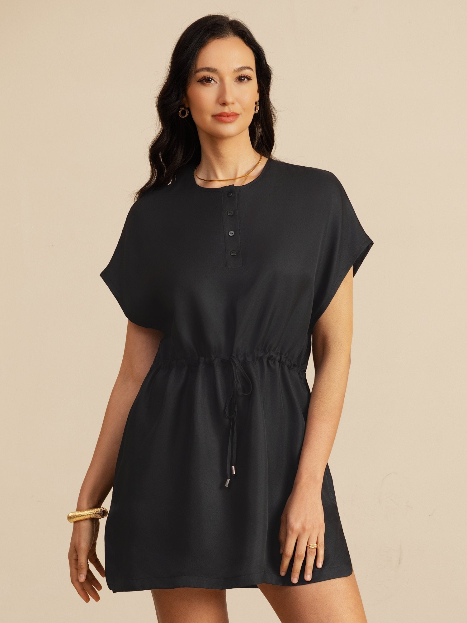 [Schwarz] SilkSilky-DE 18Momme Kappenärmel Henley-Ausschnitt Kleider 003
