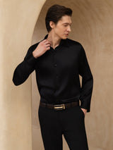 [Schwarz] SilkSilky-DE 19Momme Langärmelig Lapelkragen Herrenhemd 005