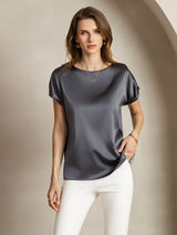 [Dunkelgrau] SilkSilky-DE 19Momme Kurzärmelig U-Boot-Ausschnitt T-Shirt 004