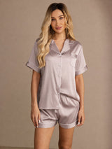 [Schatten Grau] SilkSilky-DE Short Sleeve Notch-Kragen Damen Pyjamas 001