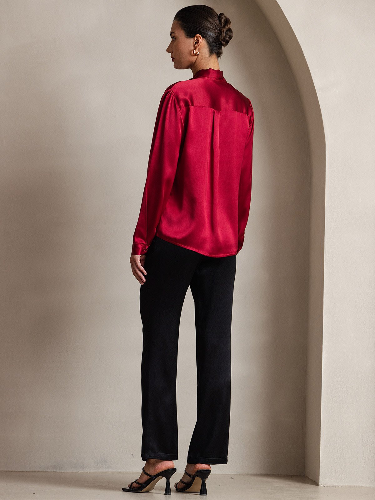 [Rotwein] SilkSilky-DE 19Momme Seide Langärmelig Blouse 004