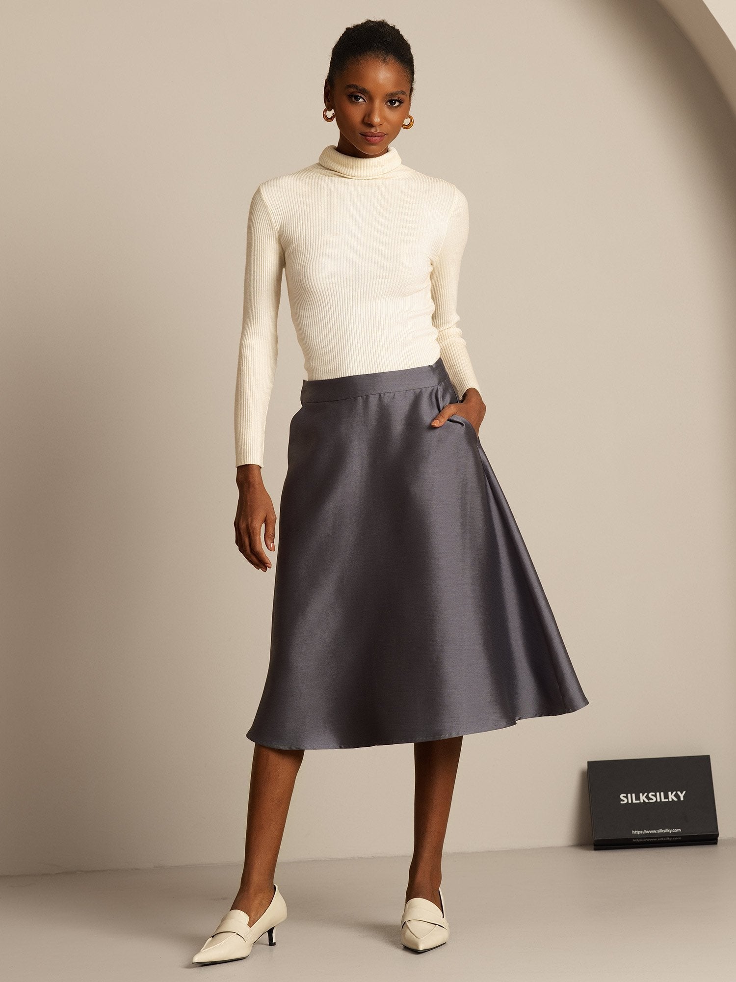 [Grau] SilkSilky-DE 32Momme Silk-Wool Blend Skirt 006,