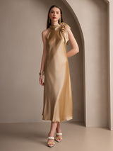 [Champagner] SilkSilky-DE 19Momme Stretch Silk Charmeuse Sleeveless Neckholder Kleider 006