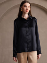 SilkSilky-DE 19Momme Seide Langärmelig Umlegekragen Damenhemd Schwarz 001
