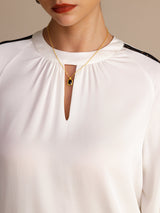 [Weiß] SilkSilky-DE Long Sleeve Keyhole Neck Damenblusen 006