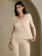 [Beige] SilkSilky-DE Long Sleeve V Neck Damen Lange Unterwäsche 003