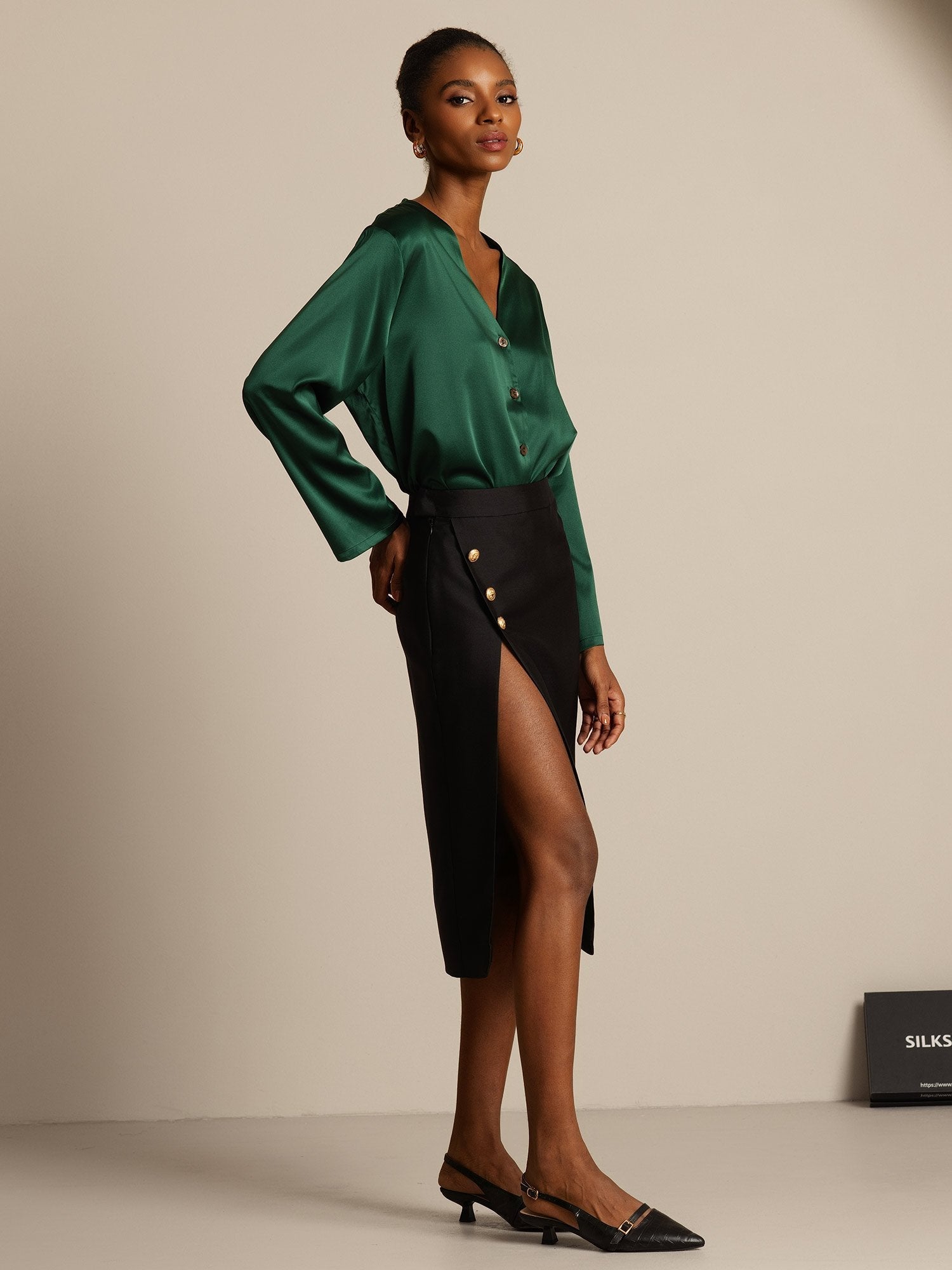 [Schwarz] SilkSilky-DE 32Momme Silk-Wool Blend Skirt 005,