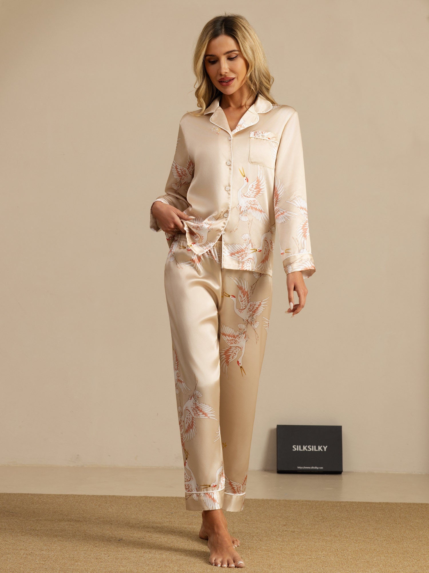 [Champagner] SilkSilky-DE 19Momme Langärmelig Notch-Kragen Damen Pyjamas 006