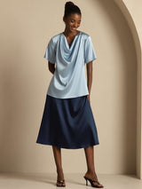 [Graublau] SilkSilky-DE Short Sleeve Cowl Neck Damenblusen 007