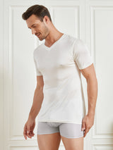 [Weiß] SilkSilky-DE Kurzärmelig V Ausschnitt Herren T-Shirt 004