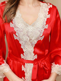 SilkSilky DE Reine Seide 3/4 lange Ärmel Nightgown&Robe Set Rot 008