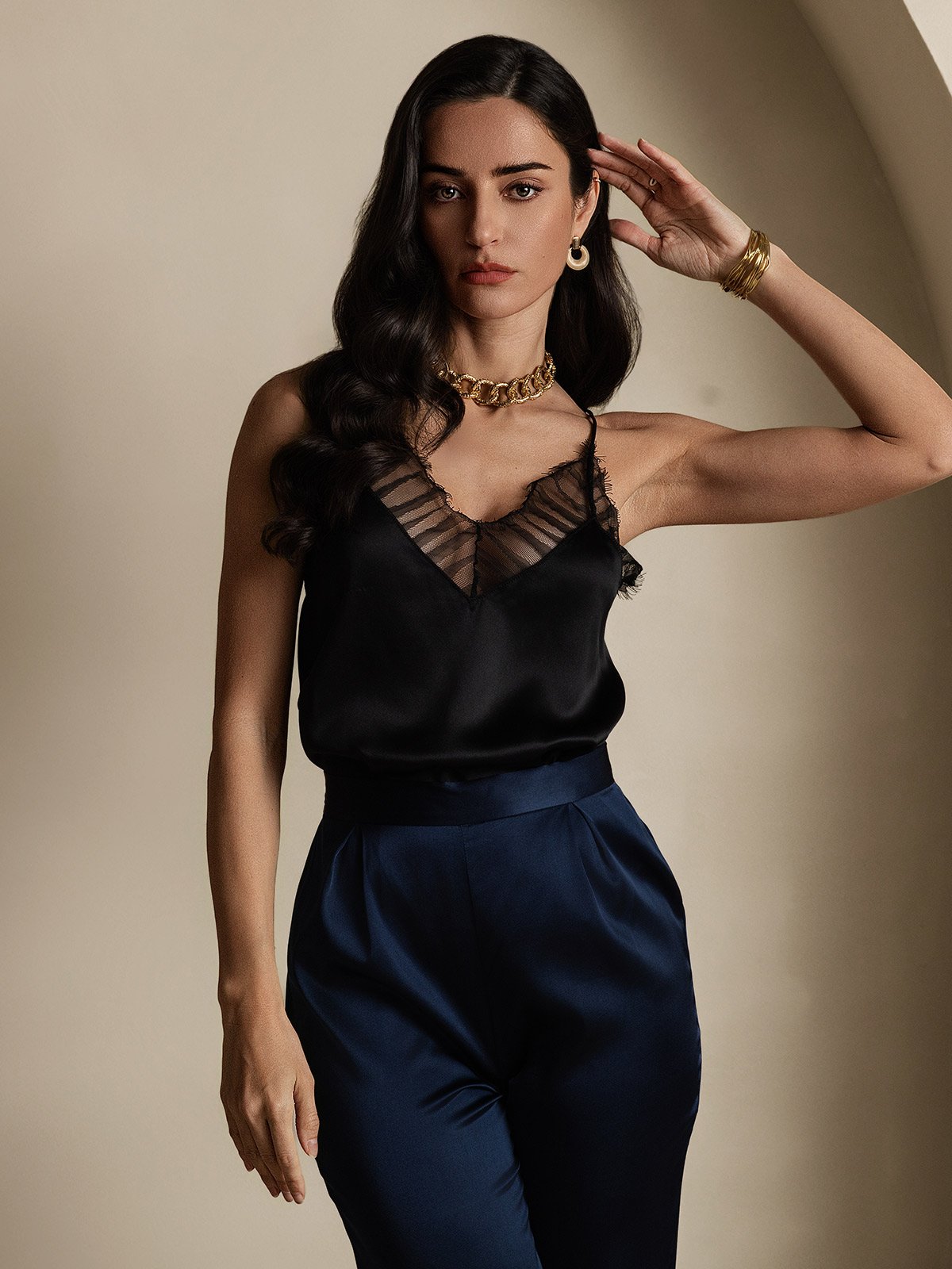 [Schwarz] SilkSilky-DE Seide V Ausschnitt Cami Top 006,