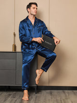 [Dunkelblau] SilkSilky-DE Long Sleeve Notch-Kragen Herren Pyjamas 001