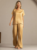[Tan] SilkSilky-DE 19Momme Kurzärmelig Damen Pyjamas 007