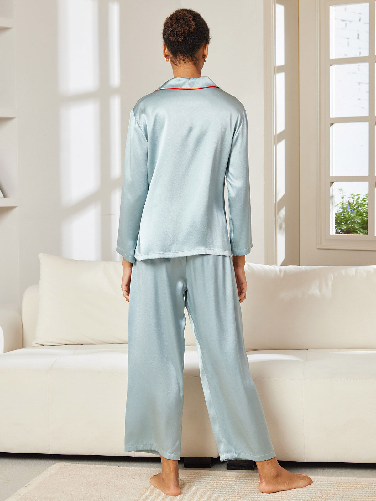 [Hellblau] SilkSilky-DE Reine Seide Langärmelig Umlegekragen Damen Pyjamas 002