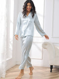 SilkSilky-DE Reine Seide Langärmelig Revers Damen Pyjamas Hellblau 005