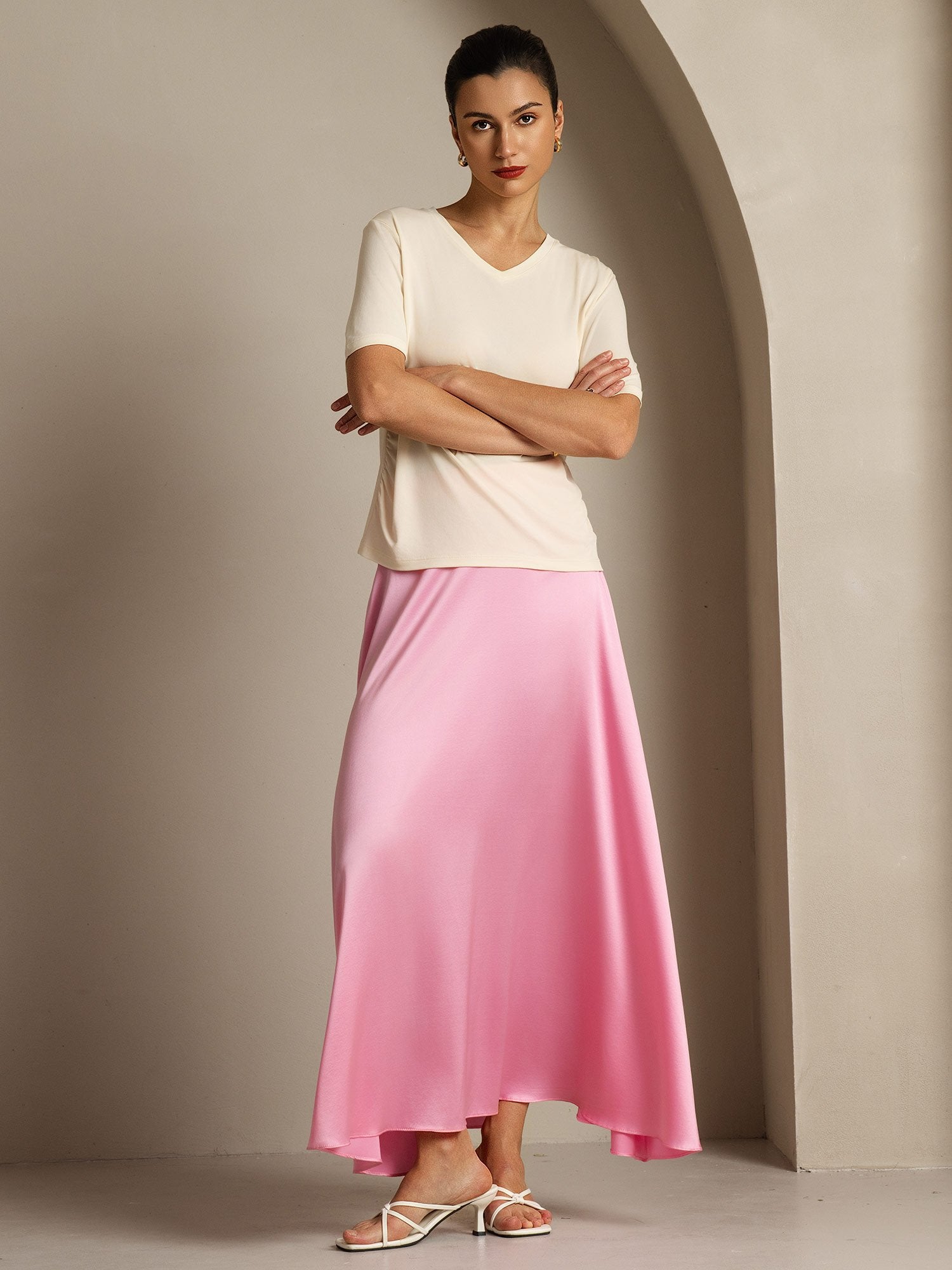 [Beige] SilkSilky-DE Reine Seide V Ausschnitt T-Shirt 007