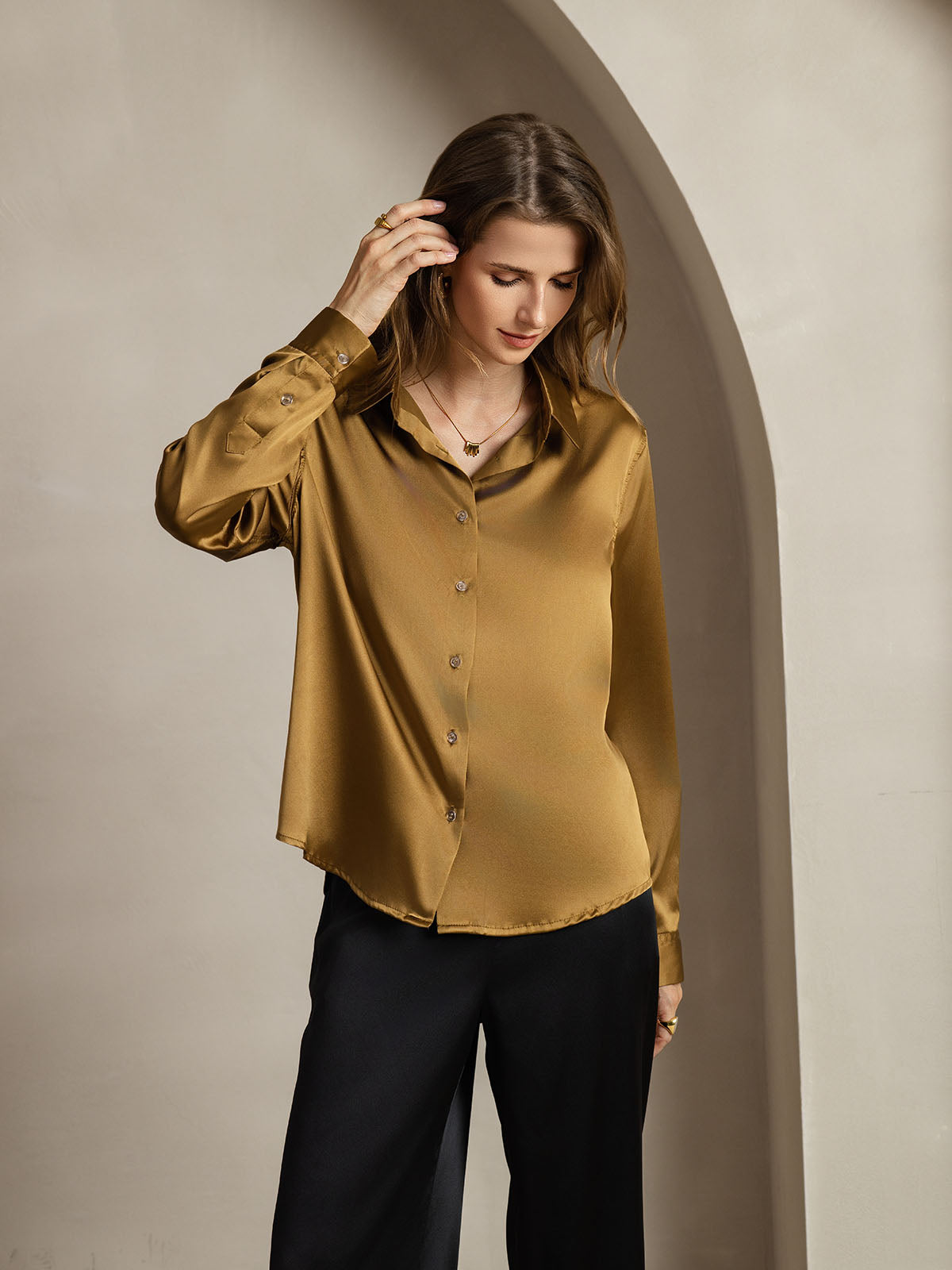[Bronze] SilkSilky-DE Seide Umlegekragen Damenhemd 001