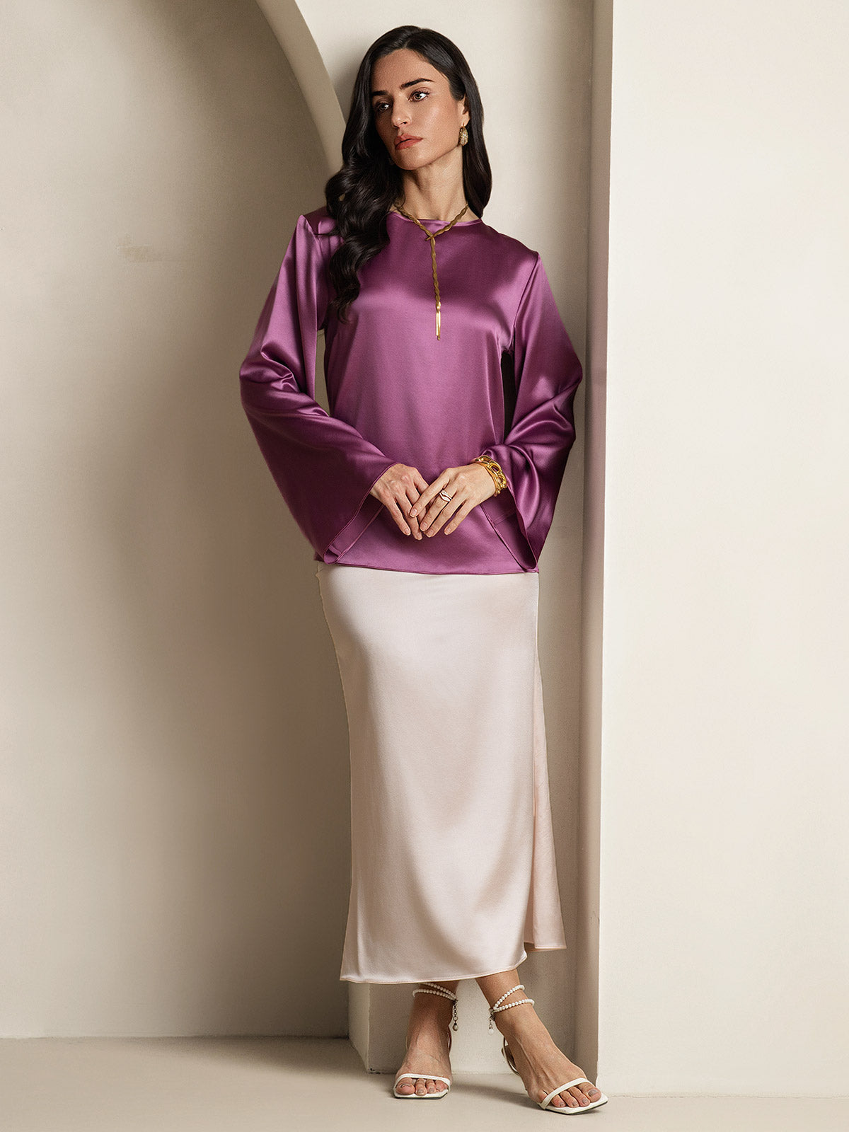 [Dunkelviolett] SilkSilky-DE 19Momme Seide Womens T-Shirt 007