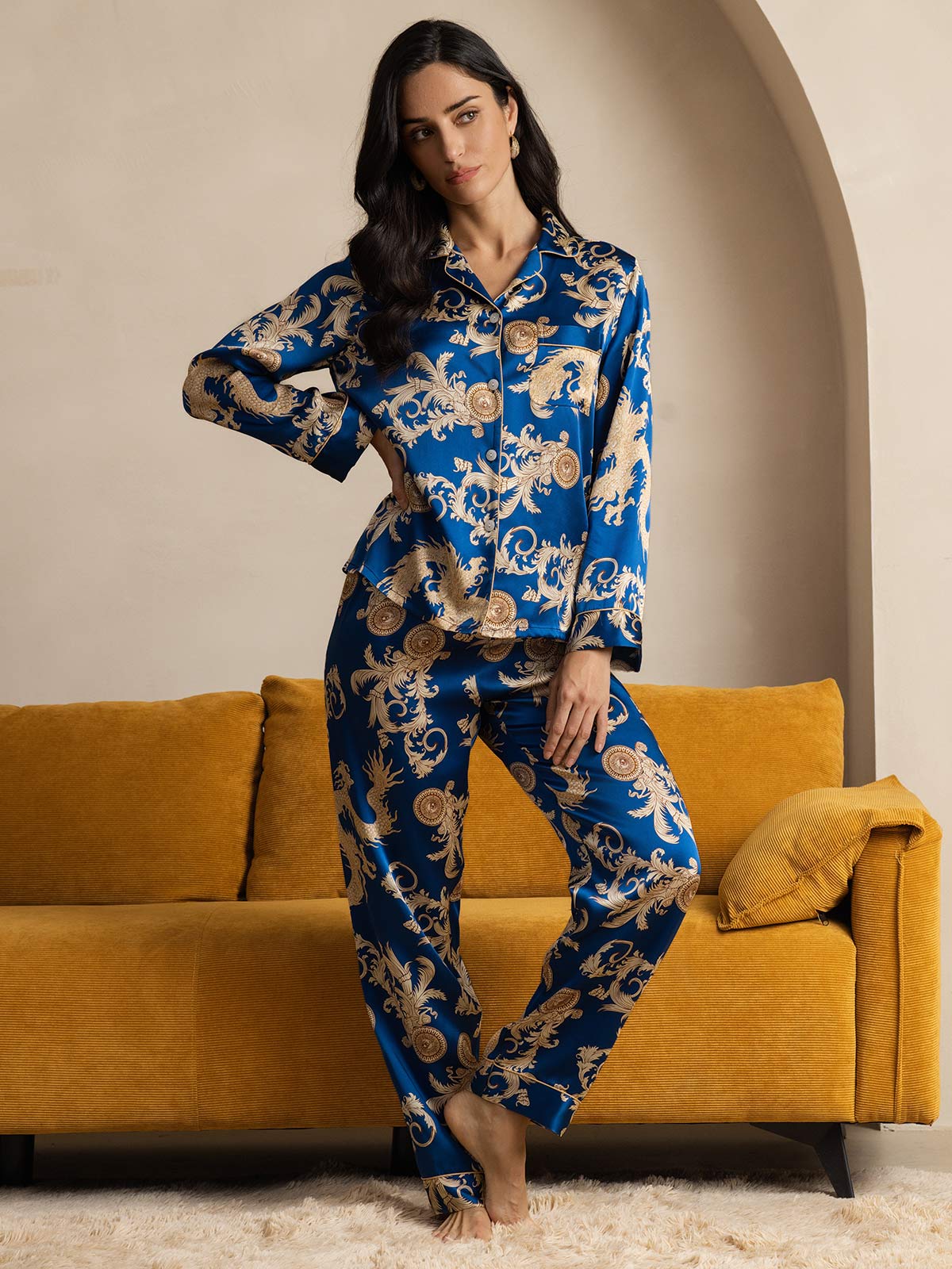 [Navy Drache] SilkSilky-DE Reine Seide Womens Pajamas 006