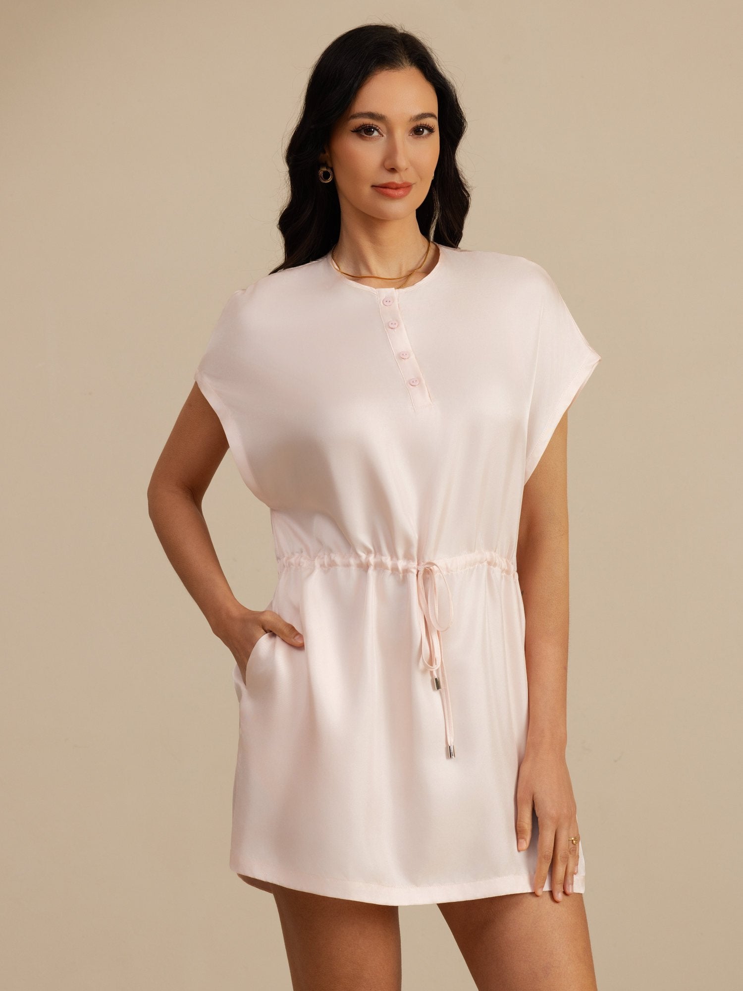 [Rosa] SilkSilky-DE 18Momme Kappenärmel Henley-Ausschnitt Kleider 001