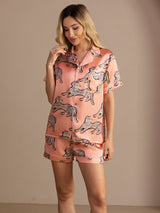 [Rosa Katze] SilkSilky-DE Short Sleeve Lapel Collar Damen Pyjamas 005