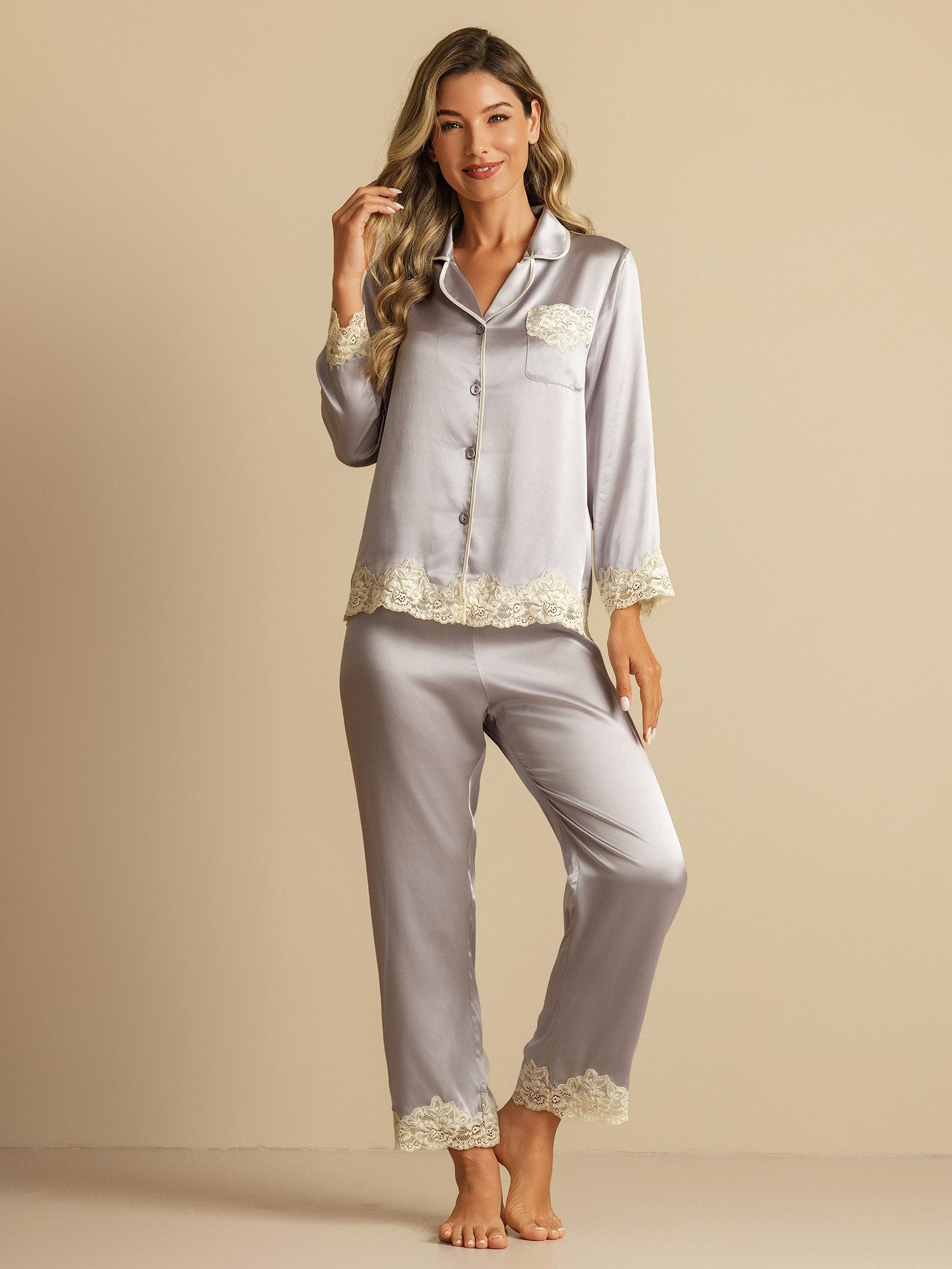 [Lavendel] SilkSilky-DE Reine Seide Womens Pajamas 003