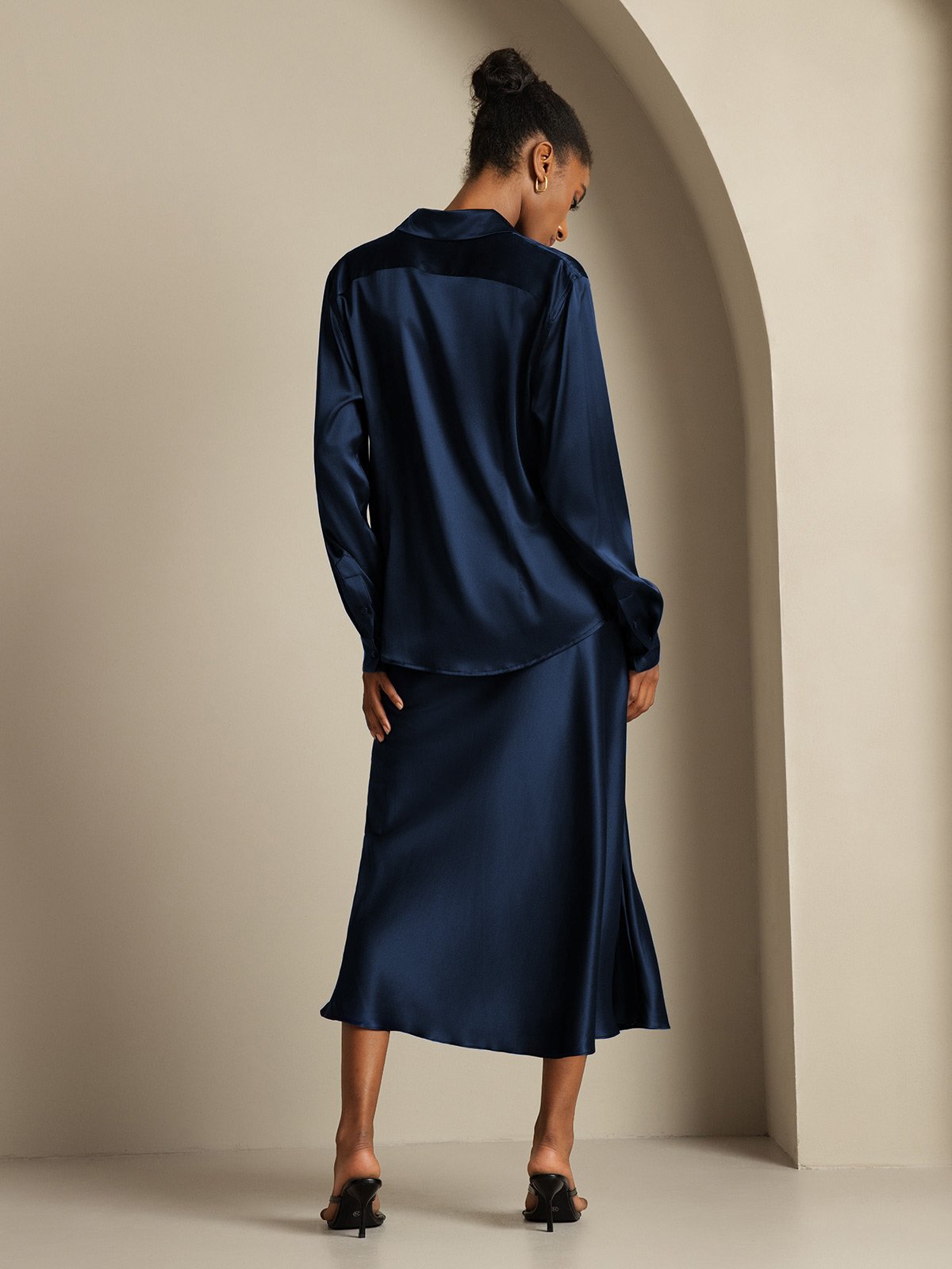 [Dunkelblau] SilkSilky-DE 19Momme Seidenstrick Umlegekragen Women''s Outfit Sets 002,