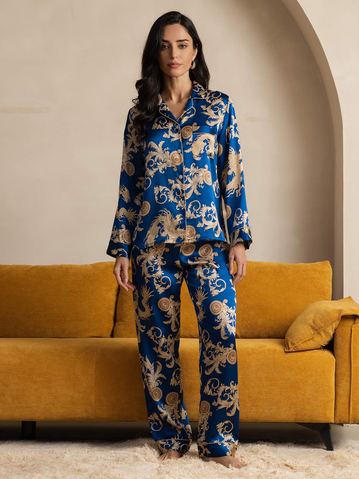 [Navy Drache] SilkSilky-DE Reine Seide Womens Pajamas 007