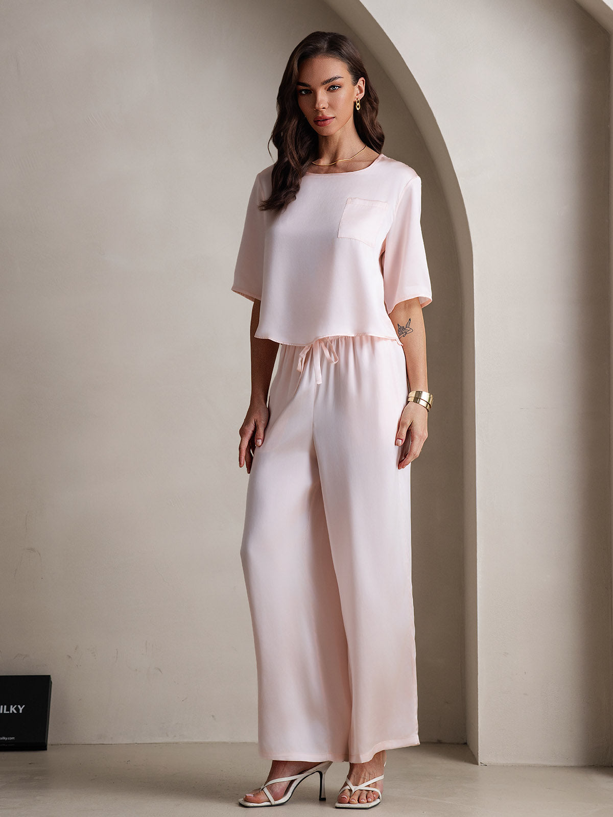 [Rosa] SilkSilky-DE Reine Seide Rundkragen Damen Pyjamas 006