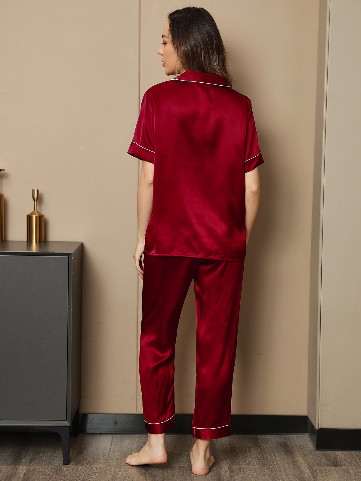 [Rotwein] SilkSilky-DE Reine Seide Kurzärmelig Revers Damen Pyjamas 002
